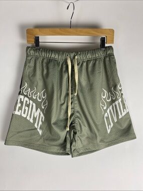 Civil Regime Mesh Shorts Mens small Green Flames Heavy weight Elastic Waist